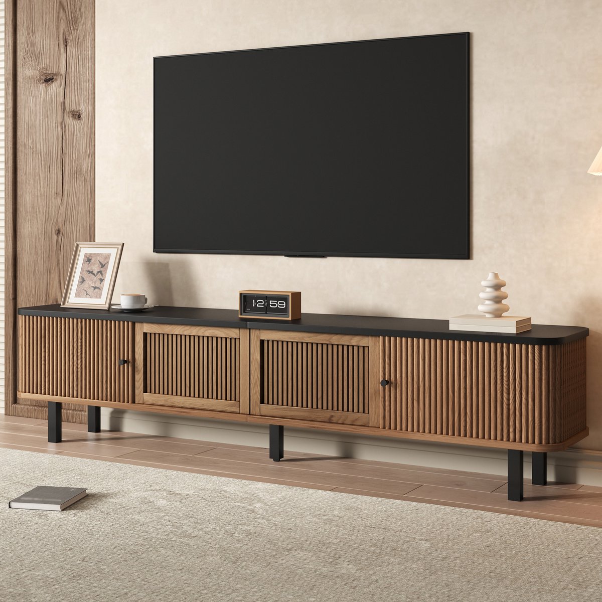 MODFU TV-Meubel Met Schuifdeuren En Roosterdeuren - Minimalistisch - MDF - Eikenkleur - 190 Cm
