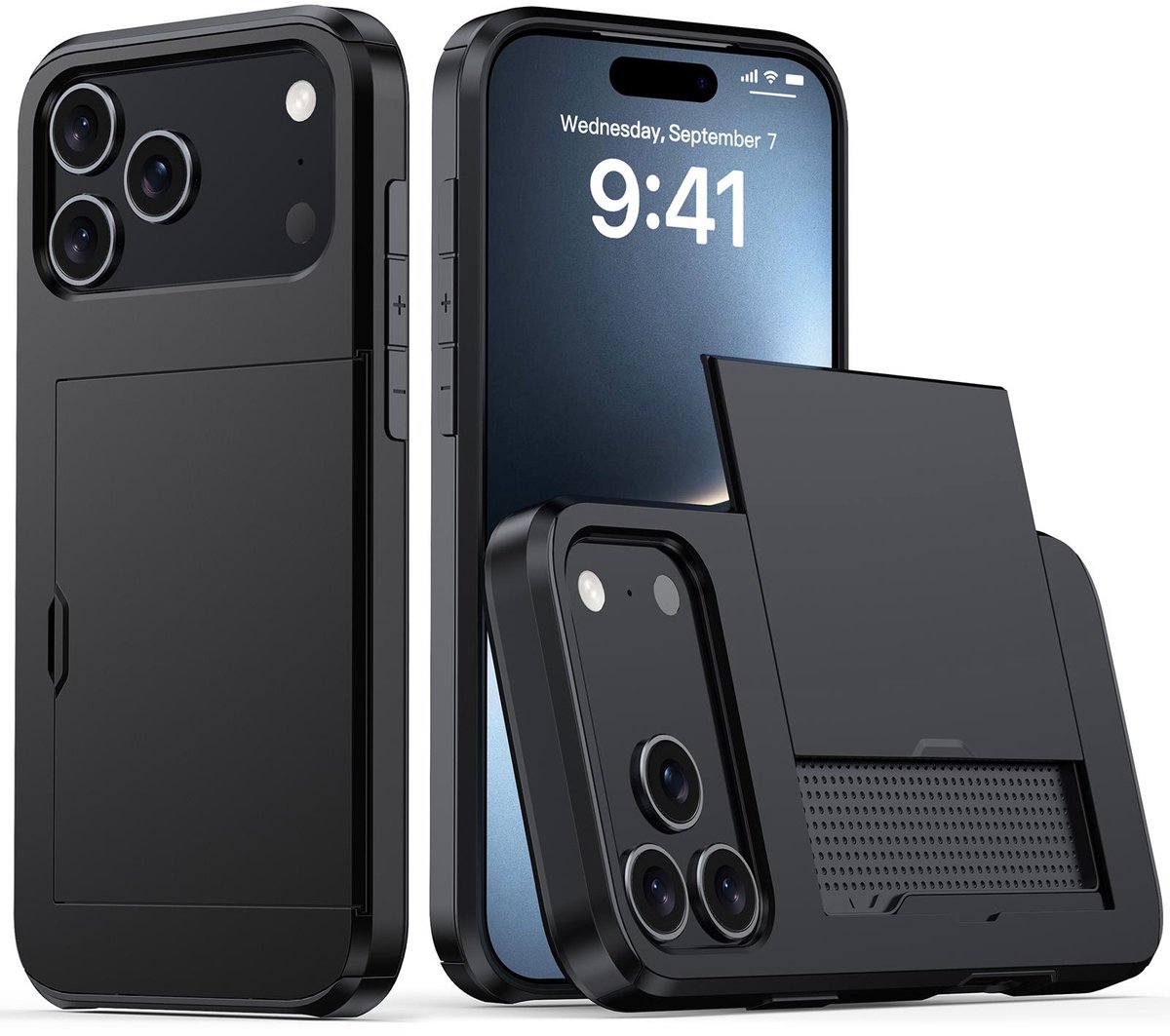 Shockproof Armor Case voor de Apple iPhone 17 Pro met Kaartslot - Zwart