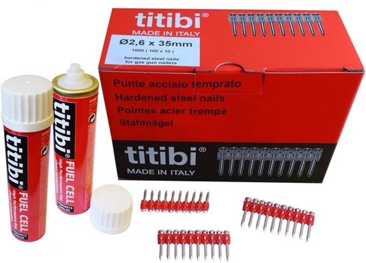 1000 gasloze nagels en 2 gasflessen - Voor nagelapparaten - 2,6 x 25 mm