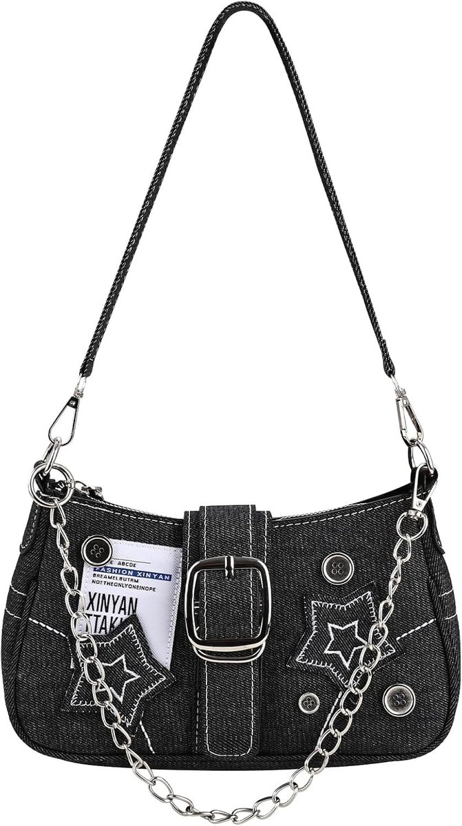 Stijlvolle Schoudertas voor Vrouwen, Kleine Zwarte Handtas met Sterrenborduurwerk en Afneembare Schouderband, Trendy Crossbody Tas voor Meisjes en Dames