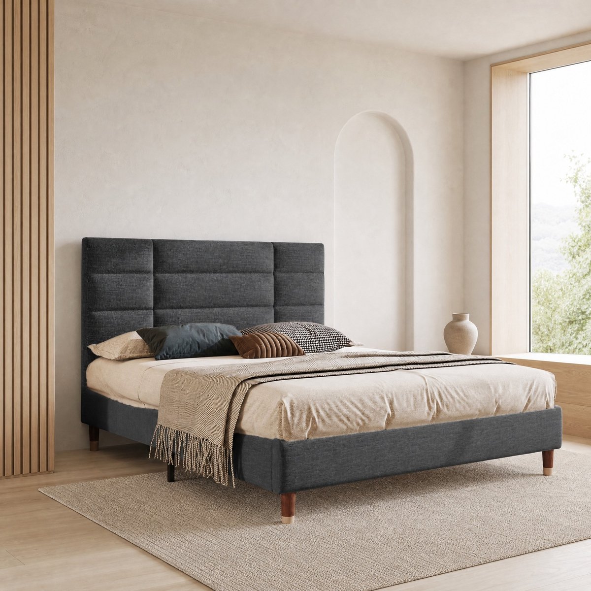 WUVRIE Gestoffeerd tweepersoonsbed 140x200 cm met lattenbodem en hoog hoofdeinde, donkergrijs