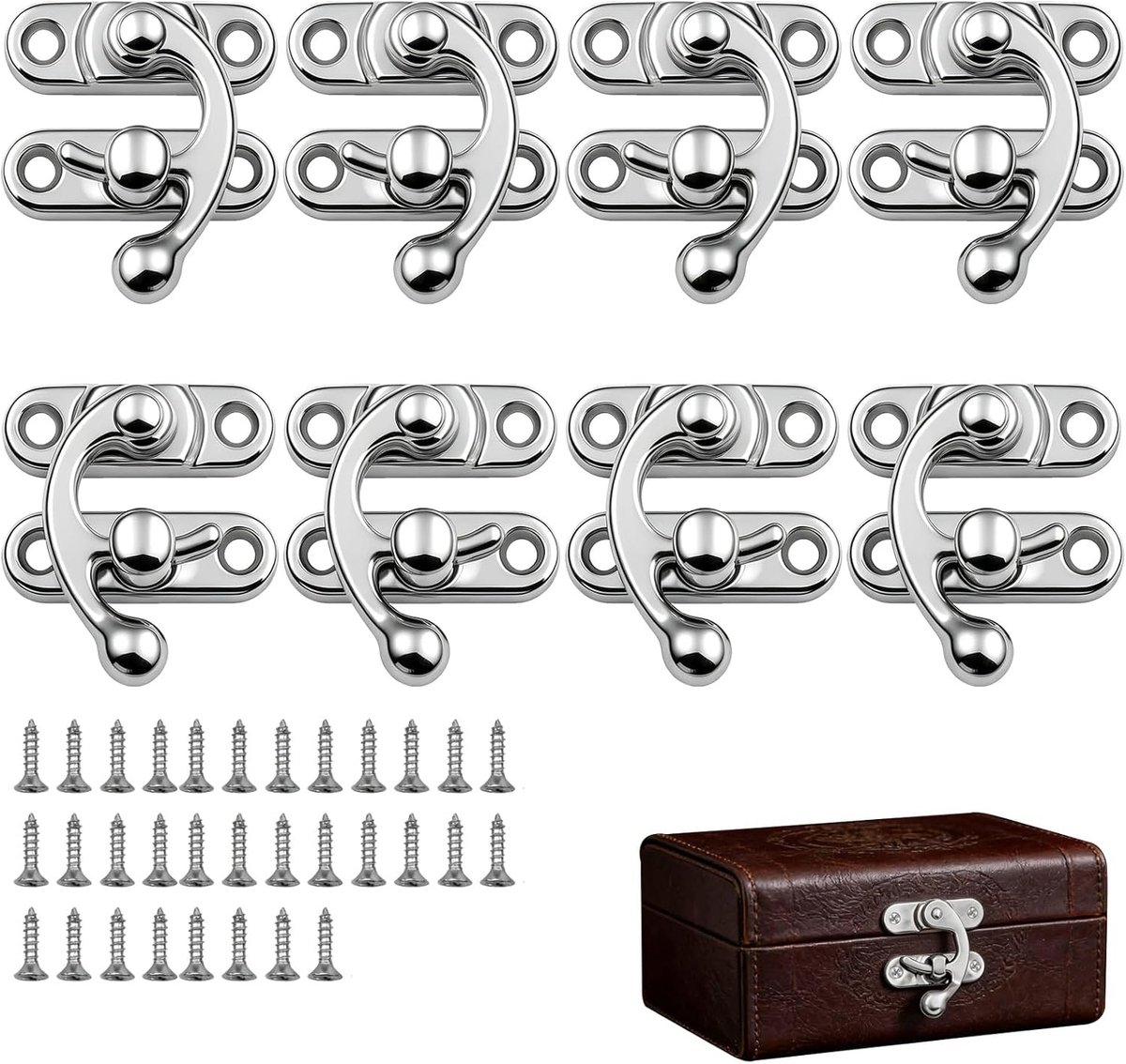 Antieke Draaislot Set van 8 Stuks met Schroeven voor Houten Dozen, Sieraden, Koffers en Meubelprojecten