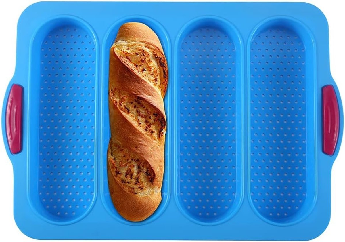 Siliconen bakplaat voor 4 stokbroden – antiaanbaklaag – perforatie voor luchtcirculatie – omkeerbaar voor koekjes en brood – 34 x 23,5 cm, blauw