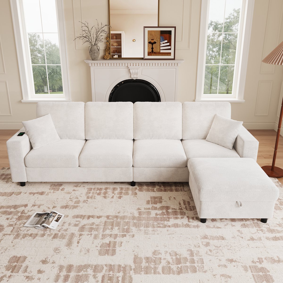OKWISH Hoekbank 282 x 153 x 82 Cm - 4-Zits Met Opberghocker Ledverlichting En Usb Type C - Voor De Woonkamer - Polyester - Beige