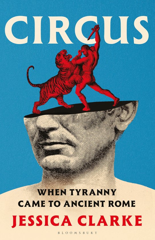 Couverture de livre : fond bleu avec une tête humaine au-dessus de laquelle un tigre rouge et un gladiateur se battent.