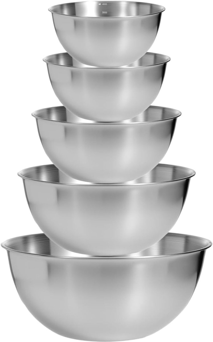 Set van 5 Roestvrijstalen Mengkommen - Zilver - 0,8 l/1,2 l/1,8 l/2,5 l/4 l - Duurzaam Roestvrij Staal - Voor Keukengebruik
