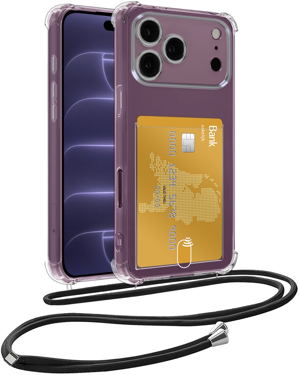 Hoesje Geschikt voor iPhone 18 Pro Hoesje Met Telefoonkoord en Pasjeshouder Siliconen - Hoes Geschikt voor iPhone 18 Pro Hoesje Met Kaarthouder Shock Proof Case - Transparant