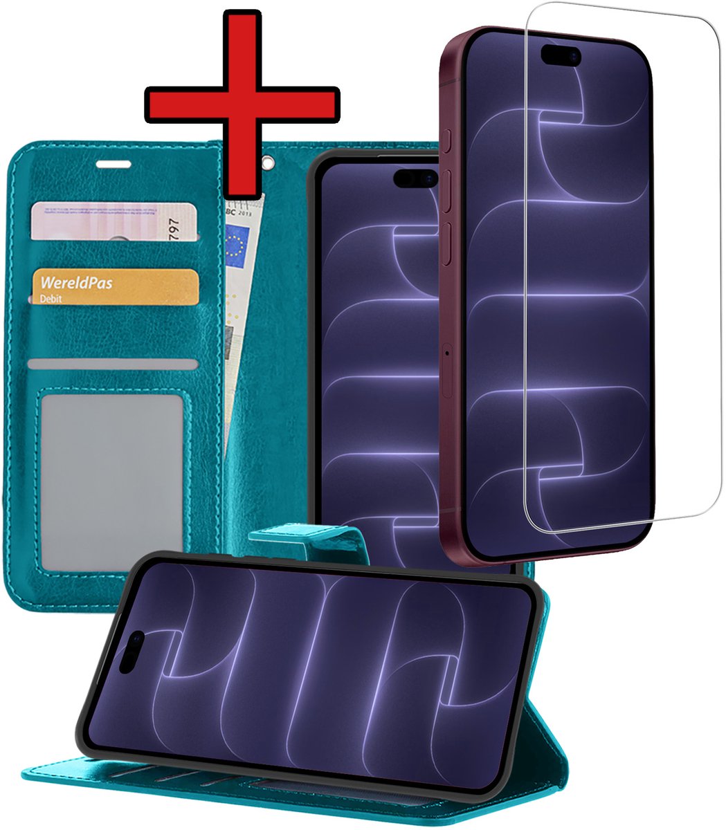 Hoesje - Met Screenprotector - Geschikt voor Apple iPhone 18 Pro Max - Luxe Pasjeshouder - Flipcase - Bookcase Portemonee - Flip Case - Kunstleer Book Case - Book Cover - Walletcase - Portemonneehoes - Telefoonhoes - Turquoise