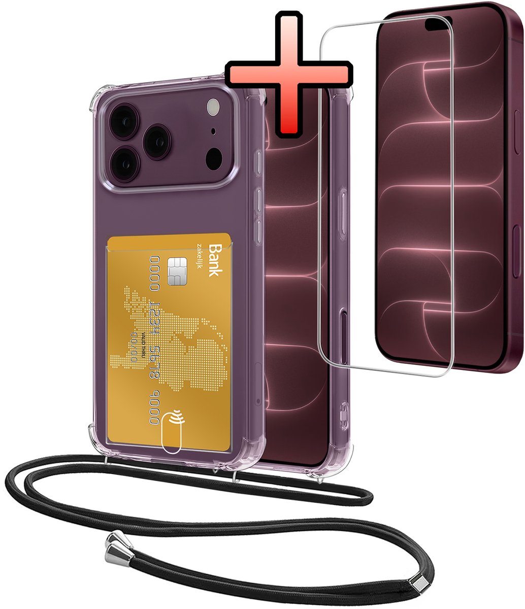 Hoes Geschikt voor Apple iPhone 18 Pro Max Hoesje Pasjeshouder Cover Met Koord Shock Proof Case Siliconen Hoes Met Telefoonkoord en Kaarthouder Met Screenprotector - Transparant