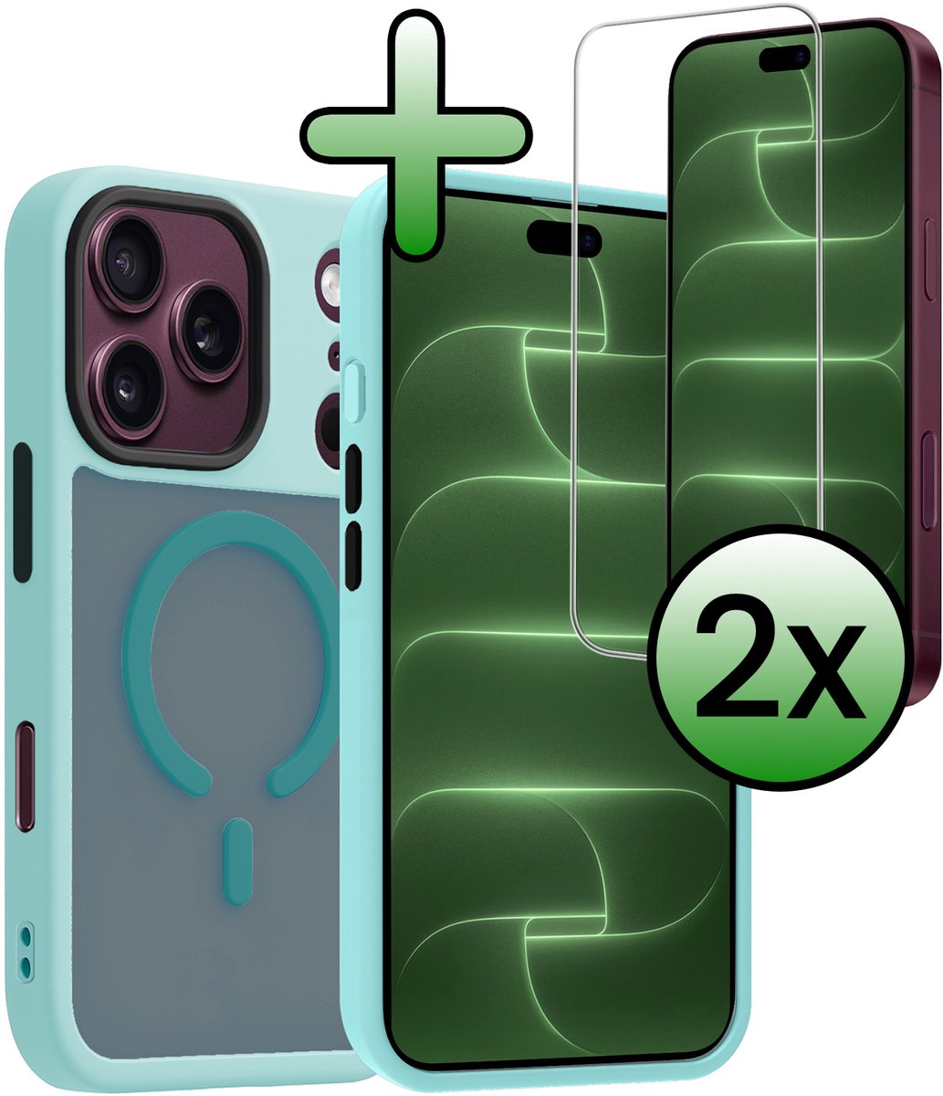 Hoesje Met 2x Screenprotector - Geschikt voor Apple iPhone 18 Pro - Magsafe Compatible - Sterk & Shockproof - Back Cover - Shock Proof Case - Telefoon Hoes - Lichtblauw