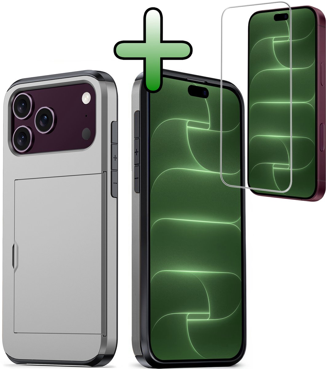 Hoes Geschikt voor iPhone 18 Pro Max Hoesje Hard Case Met Pas Houder Met Screenprotector - Hoesje Geschikt voor iPhone 18 Pro Max Hoes Shockproof Hard Cover Met Kaarthouder - Grijs