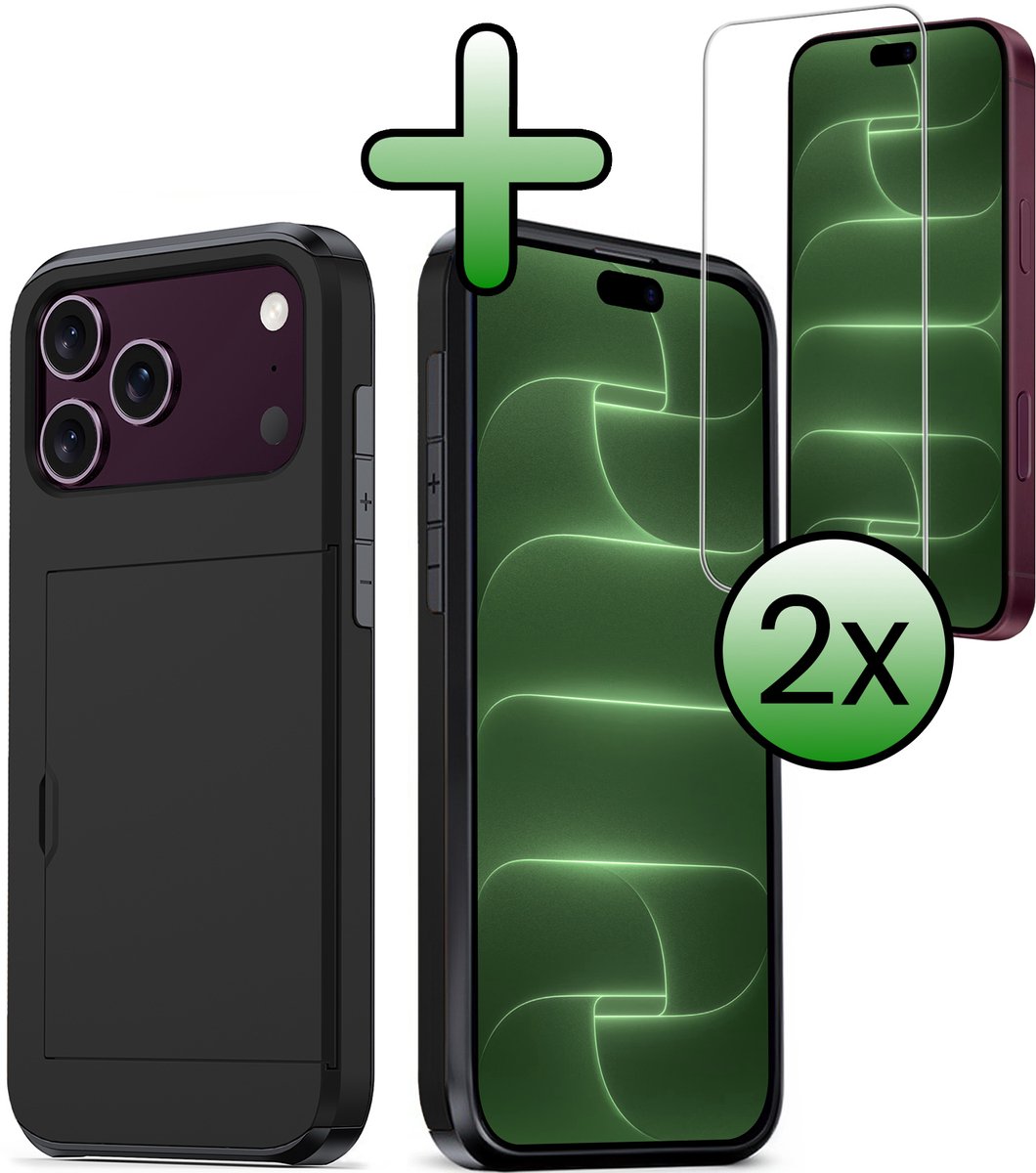 Hoes Geschikt voor iPhone 18 Pro Hoesje Hard Case Met Pas Houder Met 2x Screenprotector - Hoesje Geschikt voor iPhone 18 Pro Hoes Shockproof Hard Cover Met Kaarthouder - Zwart