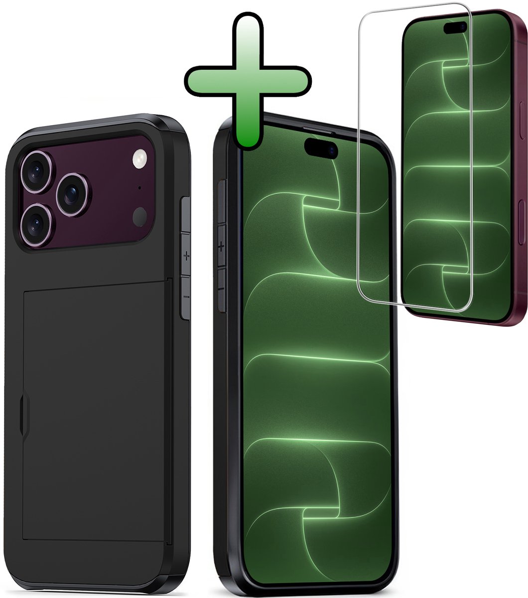 Hoes Geschikt voor iPhone 18 Pro Hoesje Hard Case Met Pas Houder Met Screenprotector - Hoesje Geschikt voor iPhone 18 Pro Hoes Shockproof Hard Cover Met Kaarthouder - Zwart