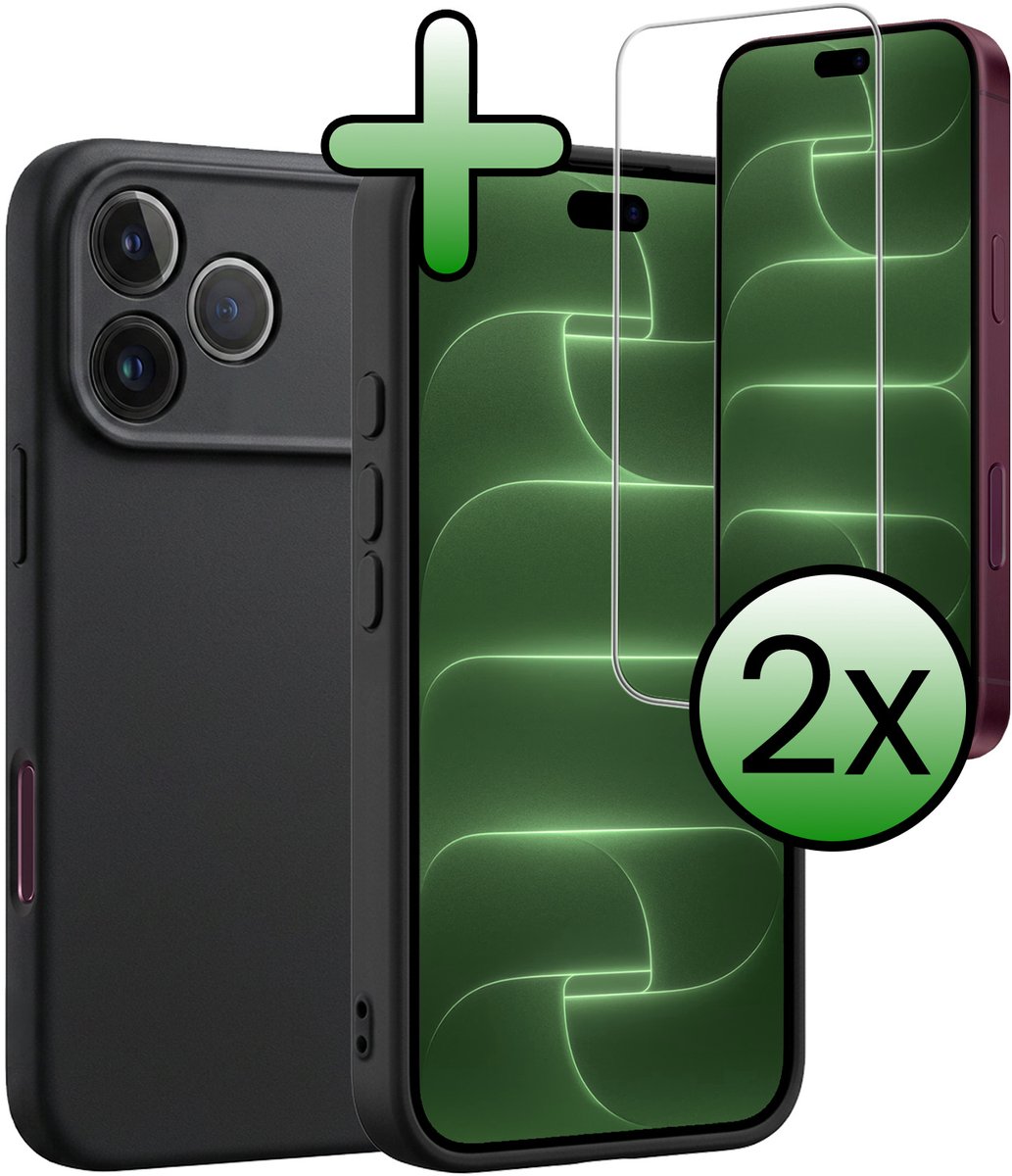 Hoesje Met 2x Screenprotector - Geschikt voor Apple iPhone 18 Pro - Sterk & Shockproof - Back Cover - Siliconen Case - Telefoon Hoes - Zwart
