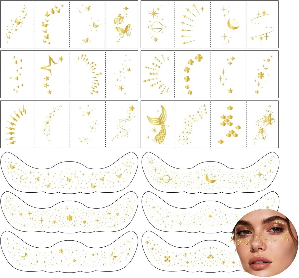 12 vellen glitter sproeten tattoo-set met gezicht glitterstenen, gouden metallic gezichtstatoeagestickers voor festival, sterren, maan, vlinder, nepsproeten, voor dames, party, make-up
