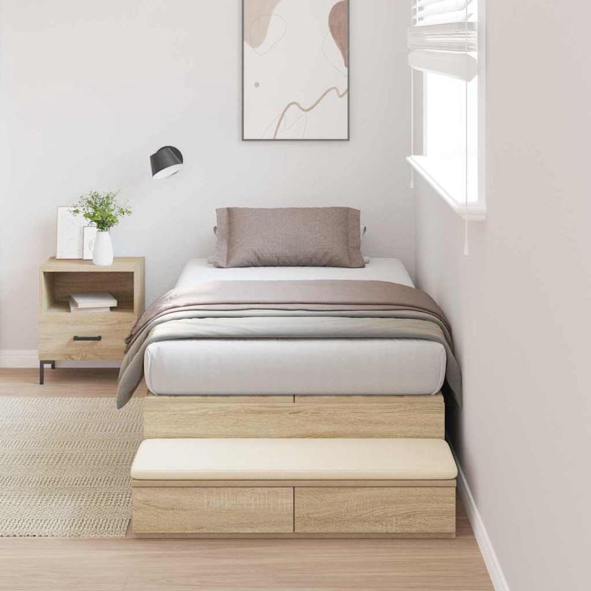 Opbergbedframe massief grenenhout met lade Sonoma eiken 100x200 cm