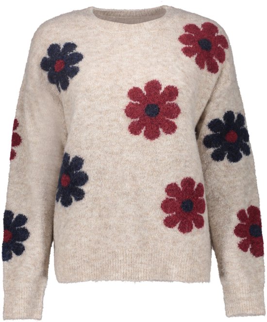 Beige trui met grote rode en donkerblauwe bloemenprint.
