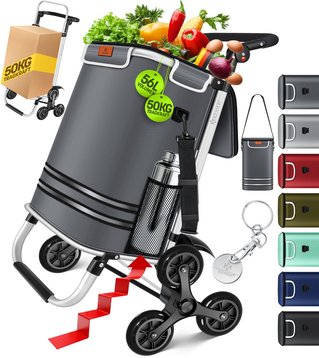 KESSER® Boodschappentrolley met trapklimmer - opvouwbaar, 56 L met koelvak, tot 50 kg - Bordeaux