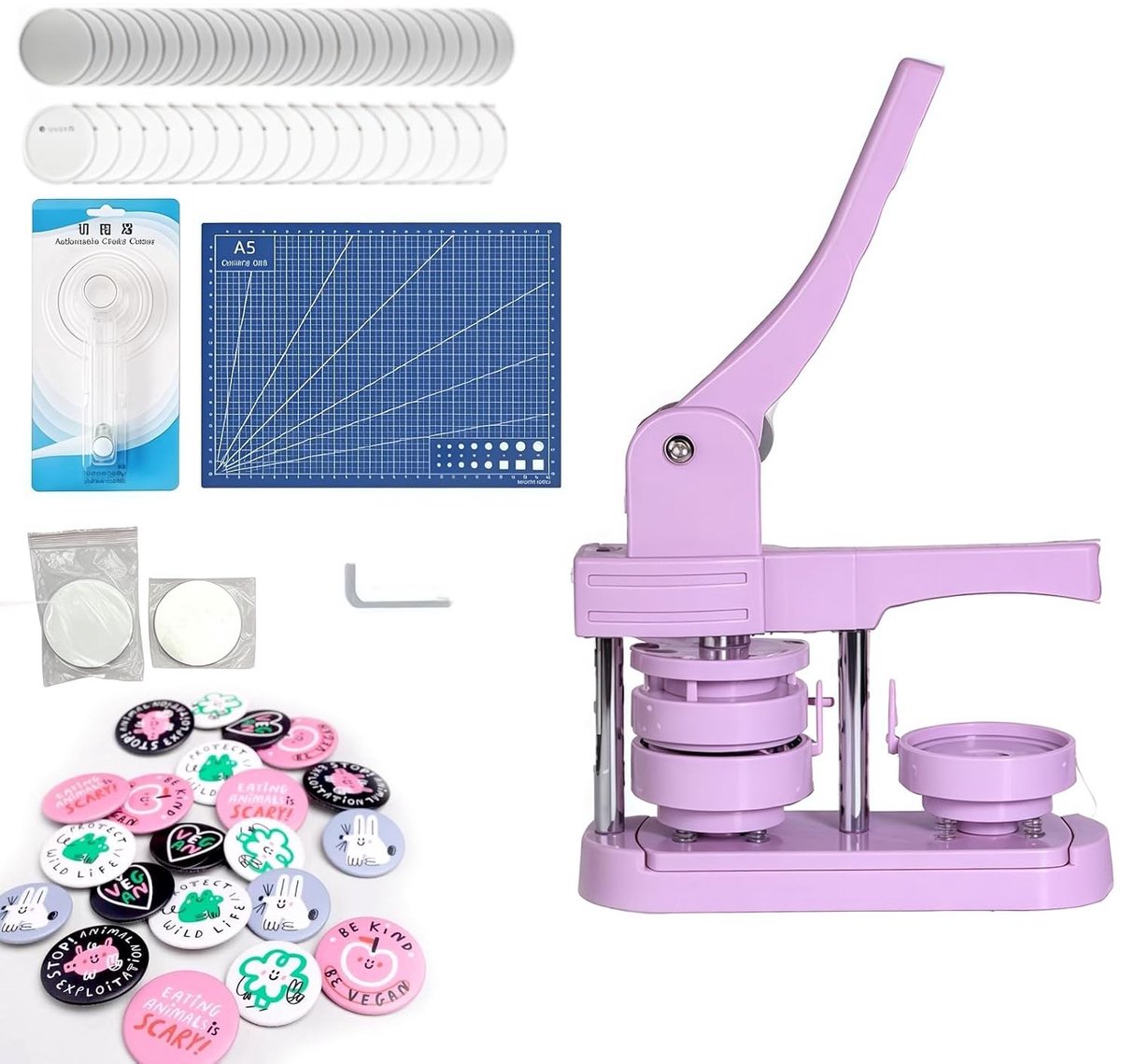 Badge Maker 58mm, Handmatige Button Pers voor DIY Emblemen, Inclusief 100 Accessoires en Cirkel Snijder voor Creatieve Projecten, Feestjes en Cadeaus
