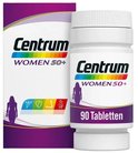 Centrum WOMEN 50+ multivitaminen. Wit flesje en doos met paars en grijs logo. "90 Tabletten" op het flesje.