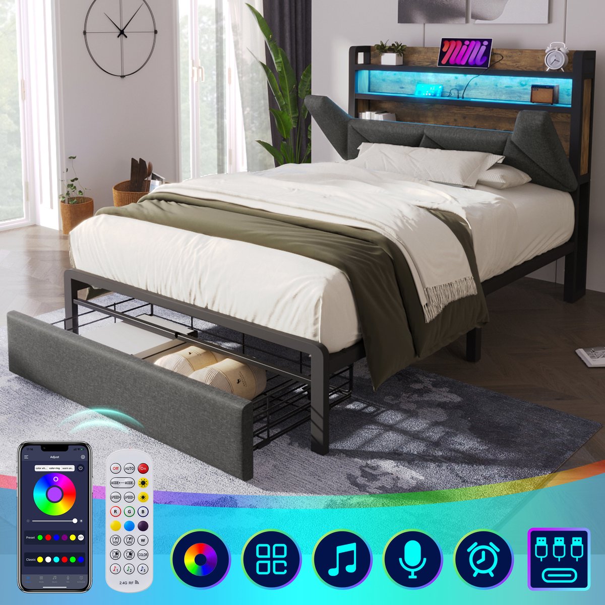 AURA LUMEN Gestoffeerd bed-Eenpersoonsbed-90 x 200 cm-Bed met opbergruimte-Bed met LED en USB-Grijs-Zonder matras