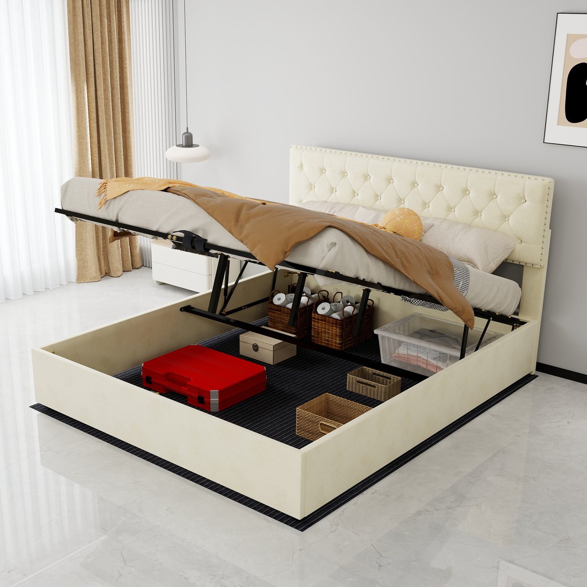 AURA LUMEN Gestoffeerd bed-Tweepersoonsbed-160 x 200 cm-Hydraulisch bed met opbergruimte-Beige
