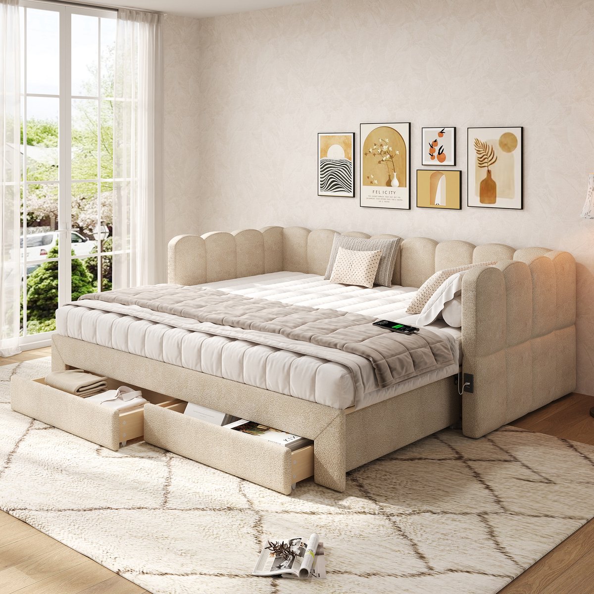 AURA LUMEN-Gestoffeerd bed-Eenpersoonsbed-90x190 cm-Met opbergruimte-Met USB en Type-C-Beige Chenille