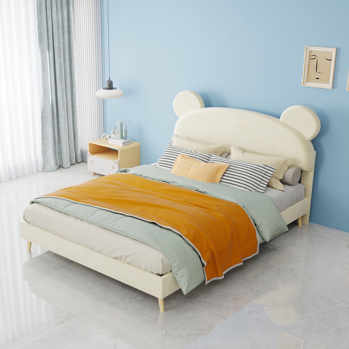 AURA LUMEN-Gestoffeerd bed-Twijfelaarbed-140 x 200 cm-Plush hoofdbord-Kinderbed-Beige