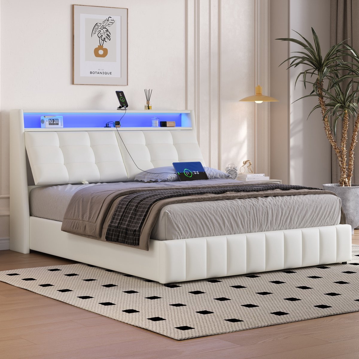 AURA LUMEN Gestoffeerd bed-Tweepersoonsbed-160 x 200 cm-Bed met opbergruimte-Bed met LED en USB-Wit