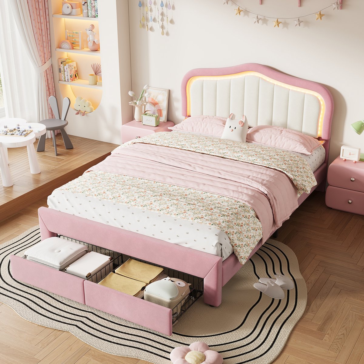 AURA LUMEN Gestoffeerd bed Twijfelaarbed 140 x 200 cm met opbergruimte lades LED-verlichting appgestuurd roze