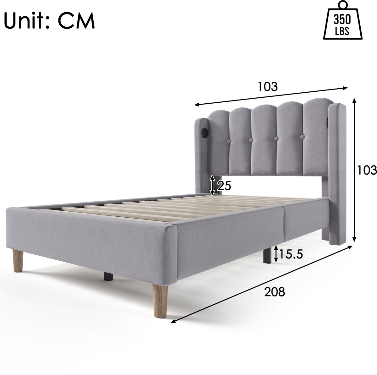 AURA LUMEN Gestoffeerd bed-Eenpersoonsbed-90 x 200 cm-Bed met LED en USB-Bed met hoofdbord-Grijs