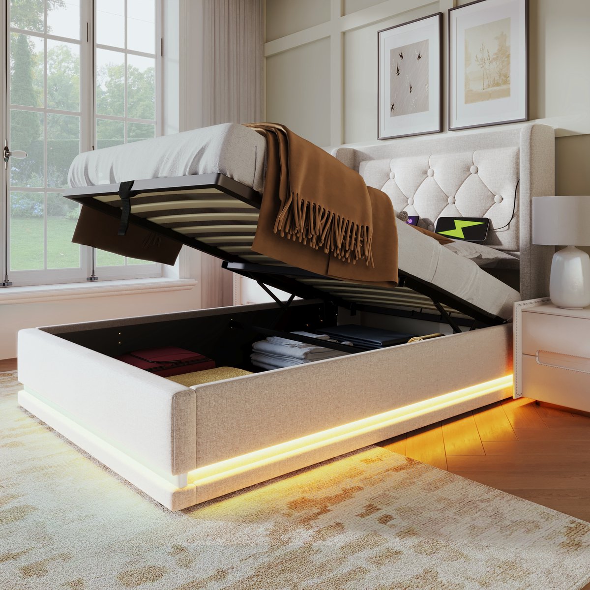 AURA LUMEN Gestoffeerd bed-Eenpersoonsbed-90 x 200 cm-Hydraulisch bed met opbergruimte-Bed met LED en USB-Beige-Zonder matras