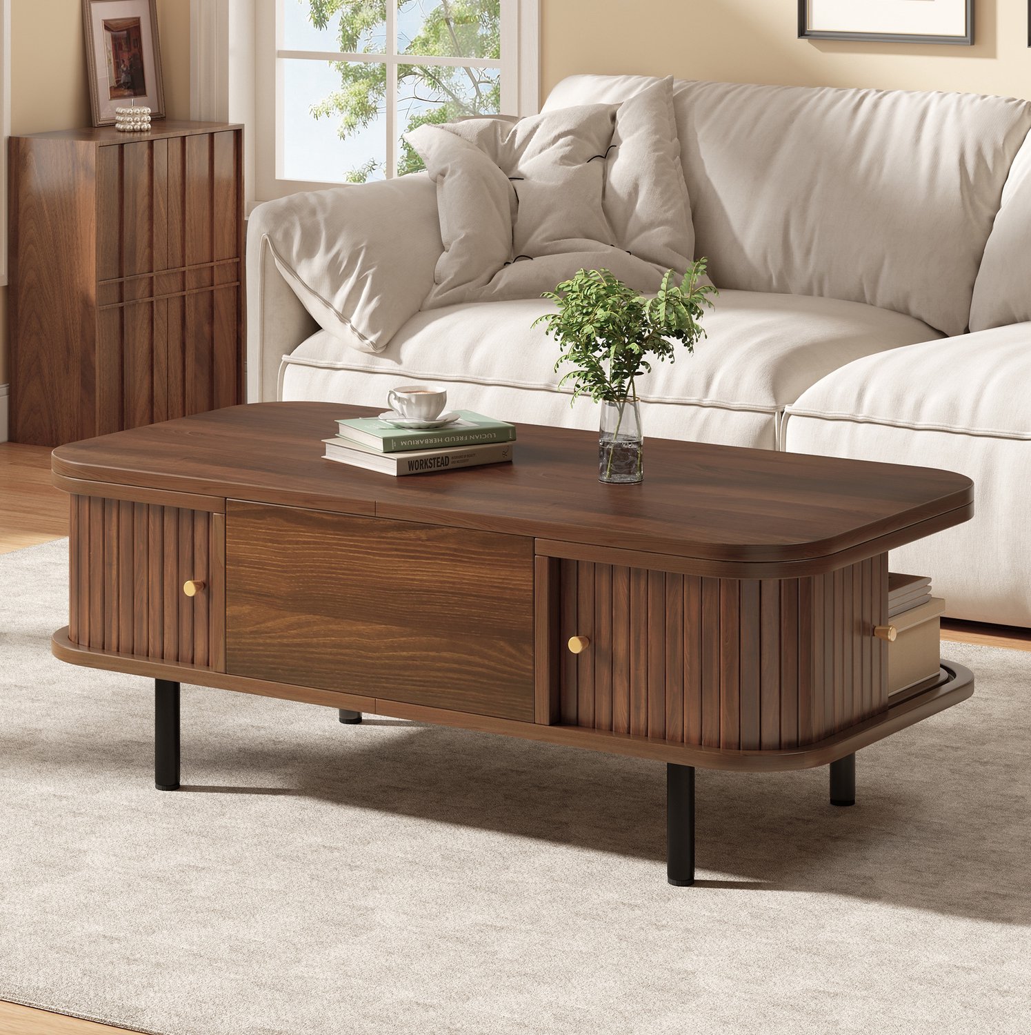 MODENUIT Salontafel - Verstelbaar Tafelblad en Opbergruimte - Woonkamer - MDF Walnootkleur - 101x51x52,5 cm