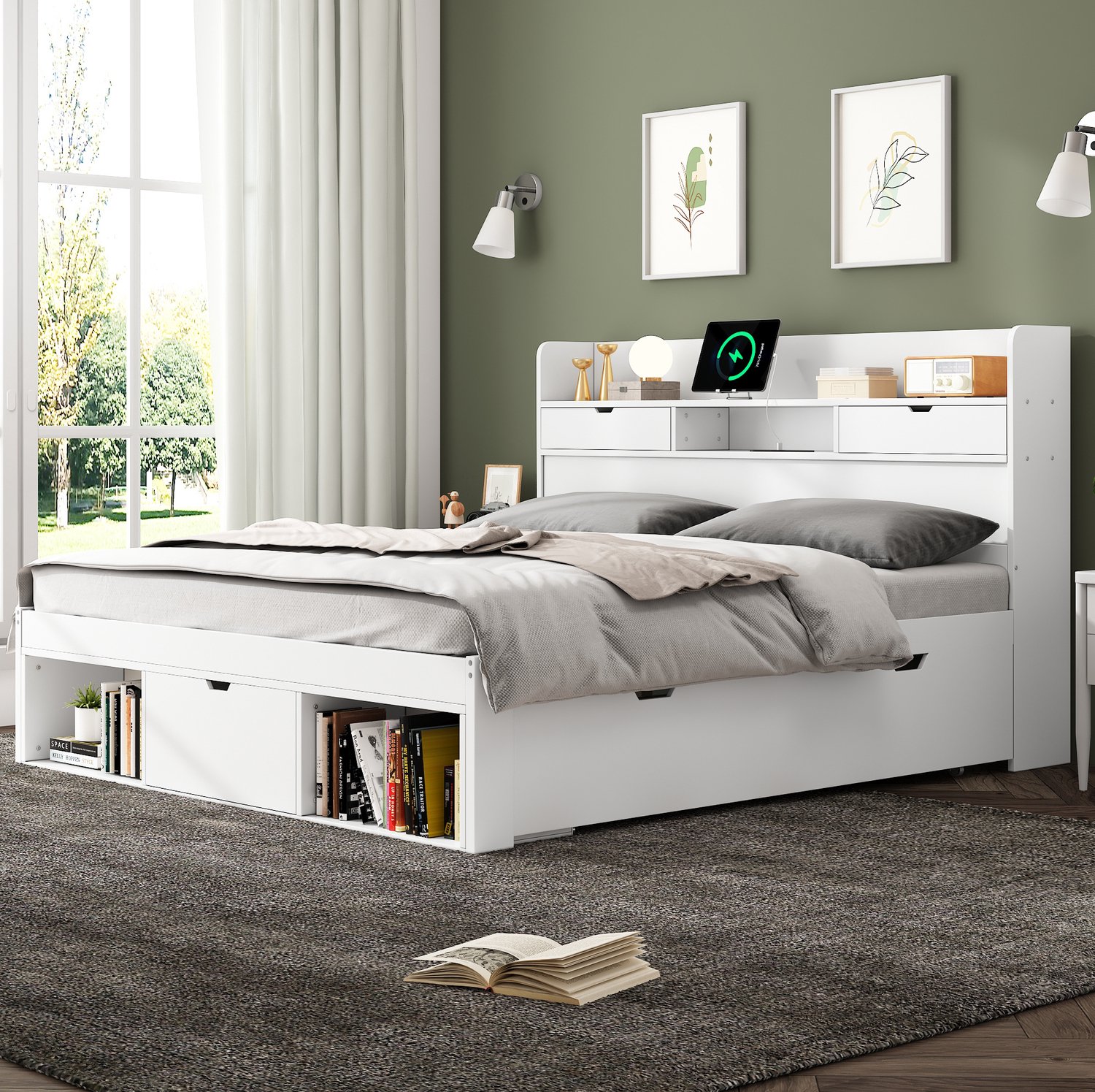 Maisentiel Wit tweepersoonsbed 160 x 200 cm met opbergruimte, USB en lattenbodem