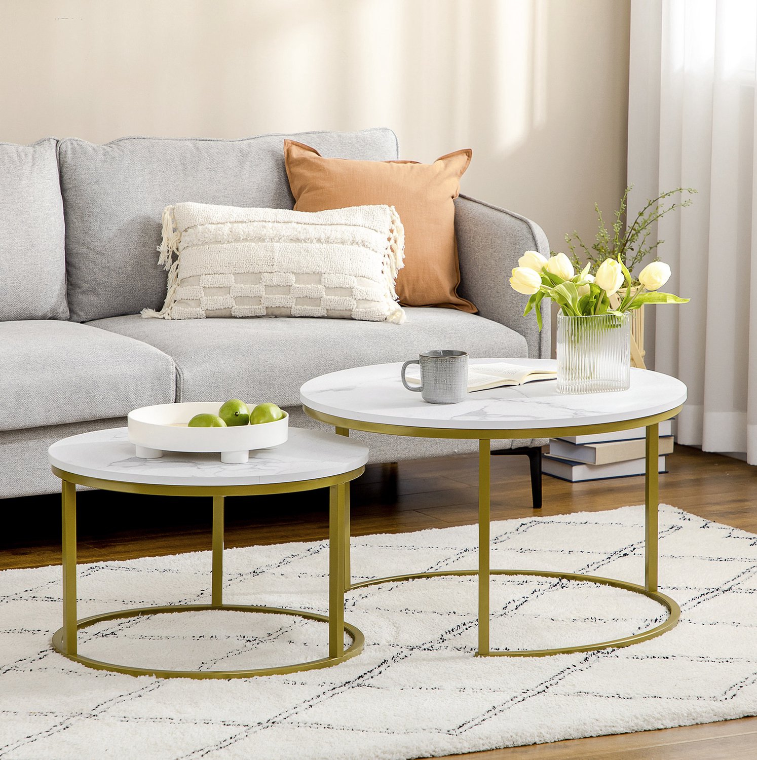 MODENUIT Salontafelset - 2 Ronde Nestbare Tafels - In de Woonkamer - Staal en Spaanplaat - Wit en Goud - 74 cm