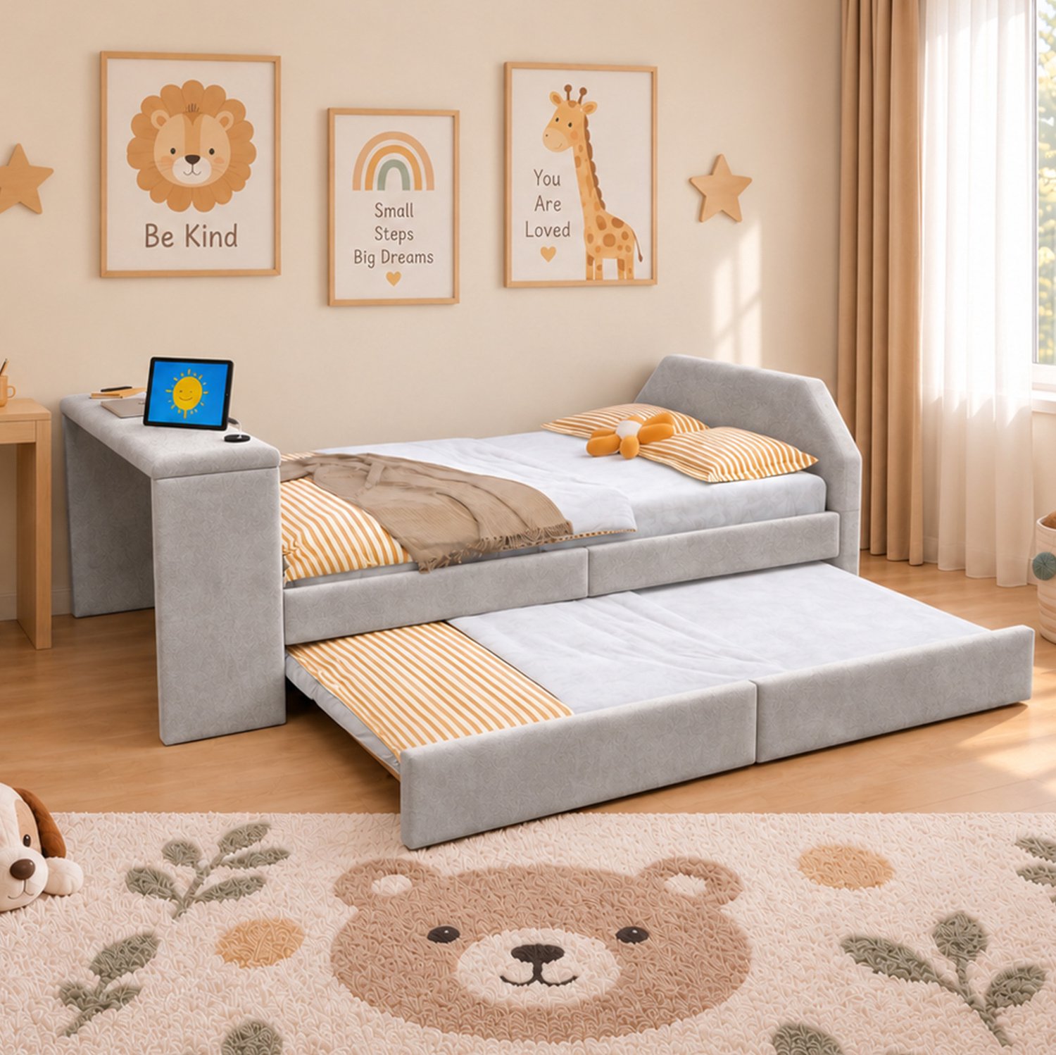 MODFU Kinderbed - Met Bureau En USB-Aansluiting - Uitschuifbaar Logeerbed - Grijs - 90 X 200 Cm