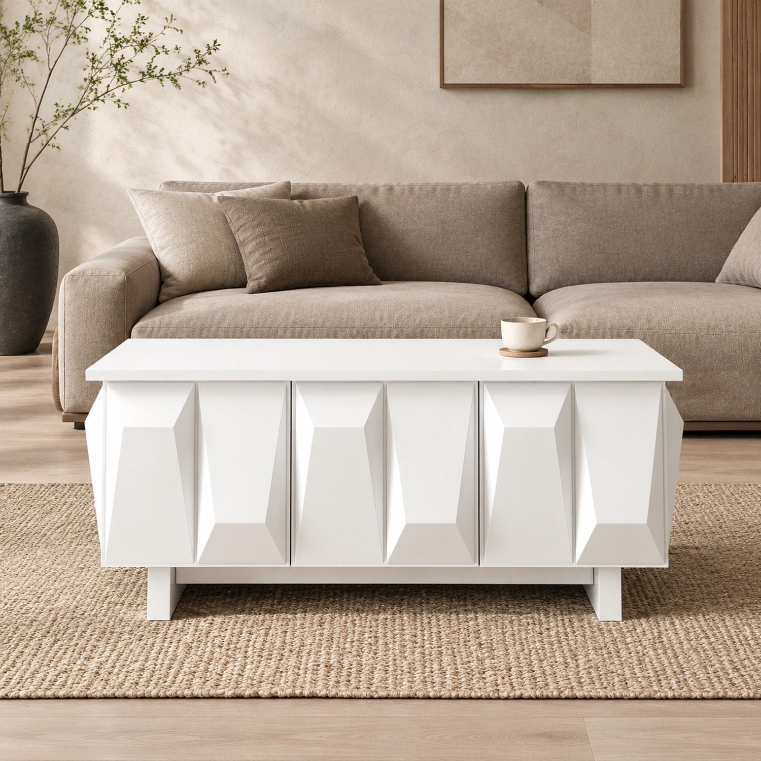 MODENUIT Salontafel - Met 3 Deuren en 3D-Structuur - Woonkamer - Spaanplaat in Wit - 95 x 67 x 39,5 cm