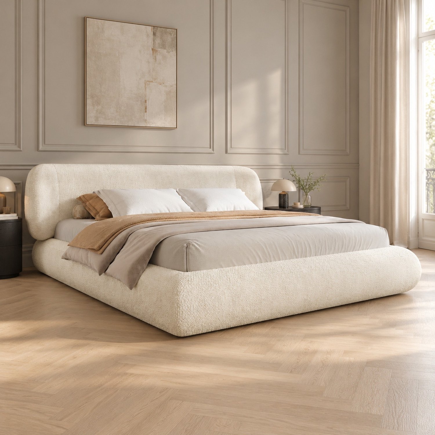 MODFU Tweepersoonsbed - Gestoffeerd Met Hoofdbord En Lattenbodem - Chenille - Beige - 140 X 190 Cm