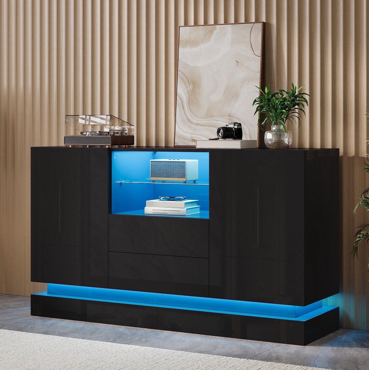 REDOM Dressoir 140x40x80 cm - 2 deuren, 2 lades en open vak - LED met app-bediening - Zwart