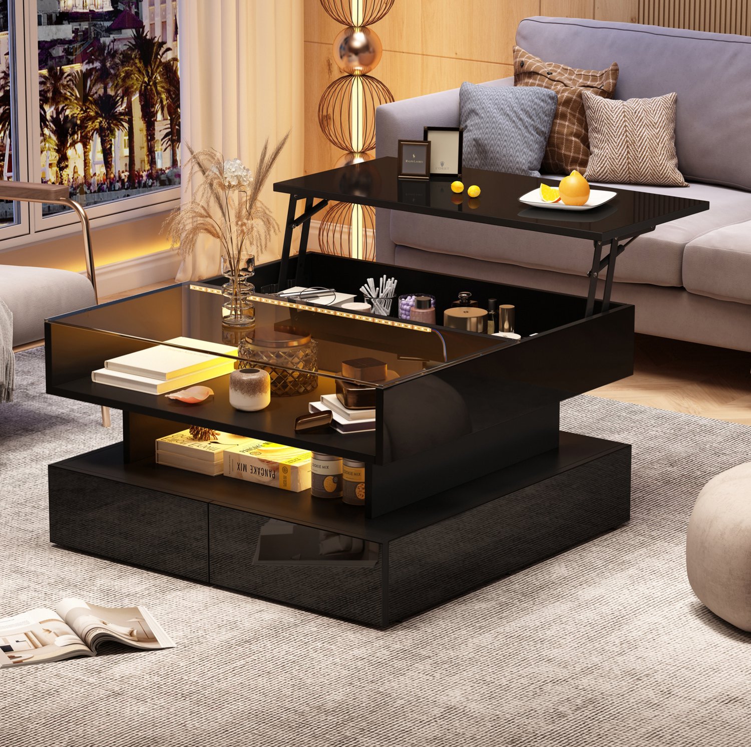 Maisentiel Zwarte salontafel 80 x 80 x 45 cm - opklapbaar blad, 2 lades, glas en LED