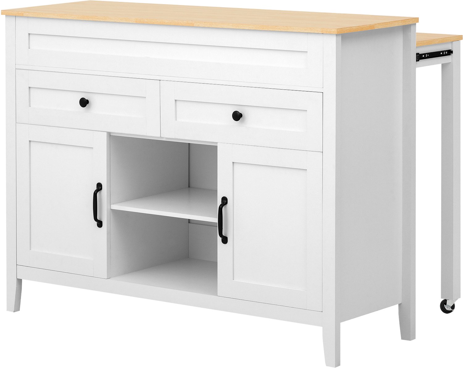 MUVANO Keukeneiland met uitschuifbare eettafel - MDF - Twee laden en kastdeuren - 120 x 40–76 x 92 cm - Voor keuken en eetkamer - Wit met lichte houtlook