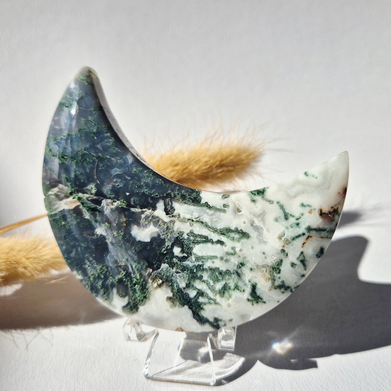 Moonlight Gemstones Edelsteen Mosagaat Maan op Standaard (Druzy & Patronen) Agaat - #324 10-12cm Meerkleurig