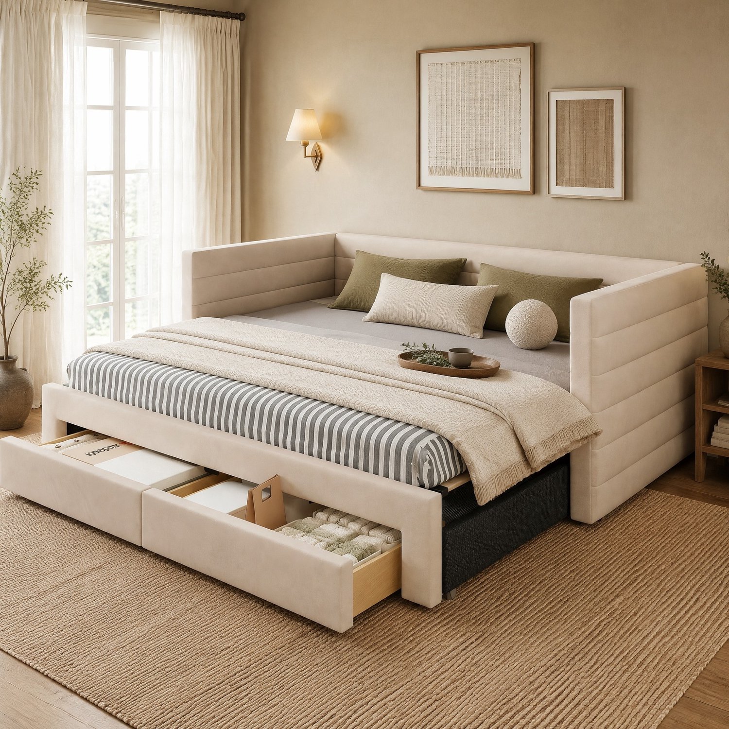 Maisentiel Uitschuifbare bedbank 90 x 190 cm – beige, met 2 lades en lattenbodem