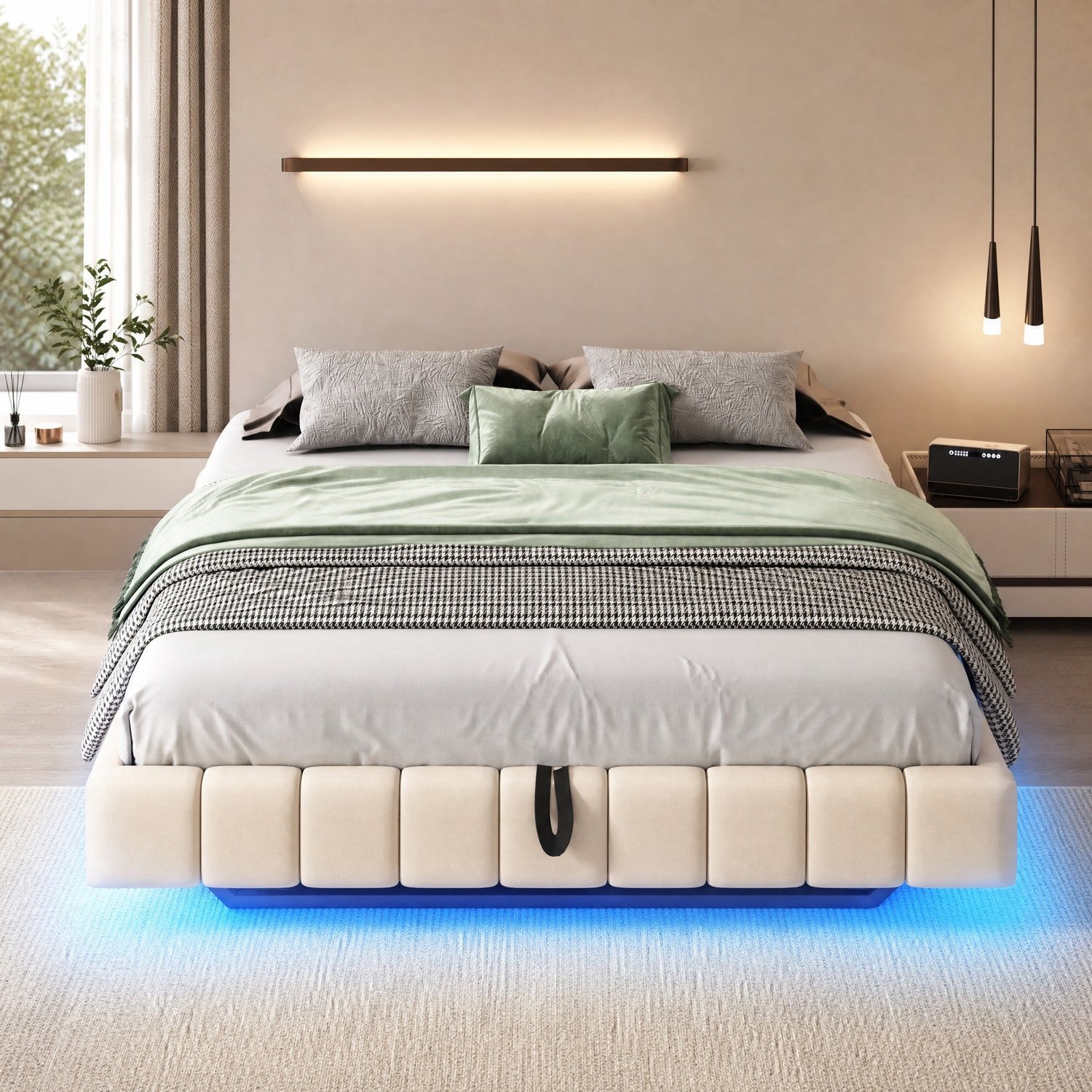 Maisentiel Zwevend gestoffeerd bed 160 x 200 cm - opbergruimte, ledverlichting - beige
