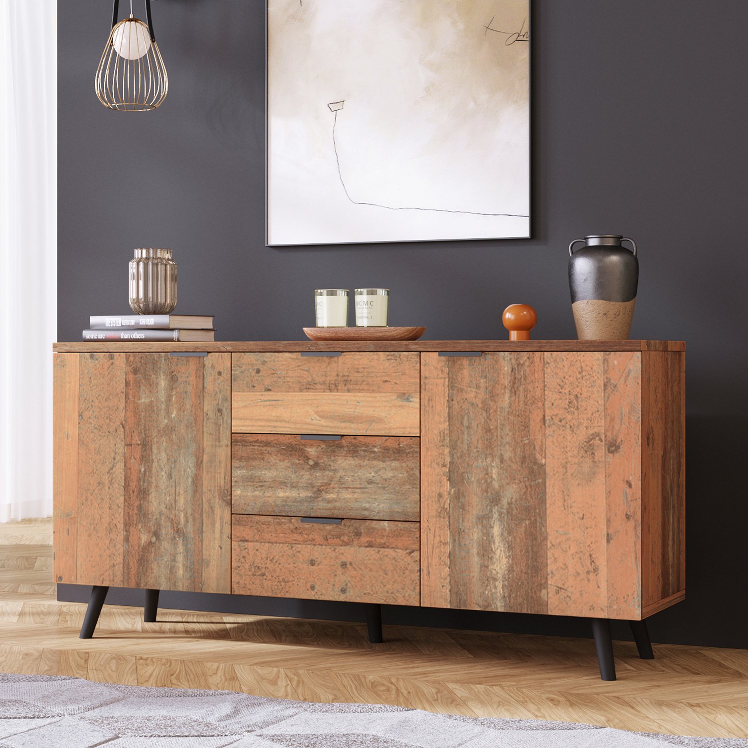 DantefHandels Bijzettafel en Opbergkast, Bruin Dressoir 140 cm, 3 laden, verstelbare legplanken, vintage stijl, voor woonkamer, eetkamer en slaapkamer, bijzettafel en opbergkast