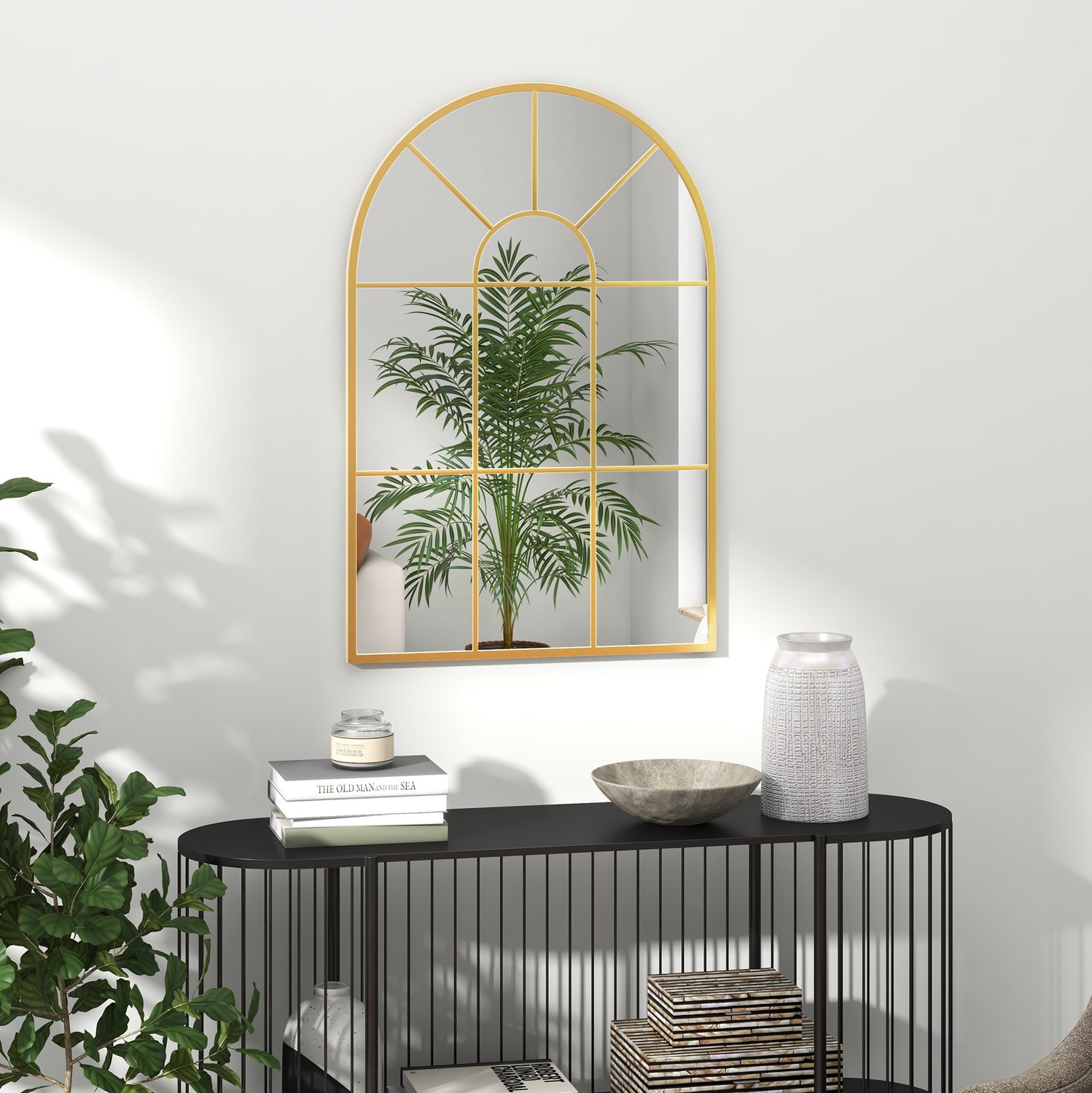 HAUSS SPOLE Wandspiegel Boogvorm – 91 x 60 cm – Metalen Lijst – Goud – Decoratieve Raamspiegel voor Woonkamer, Slaapkamer en Hal – Met Ophanghaken