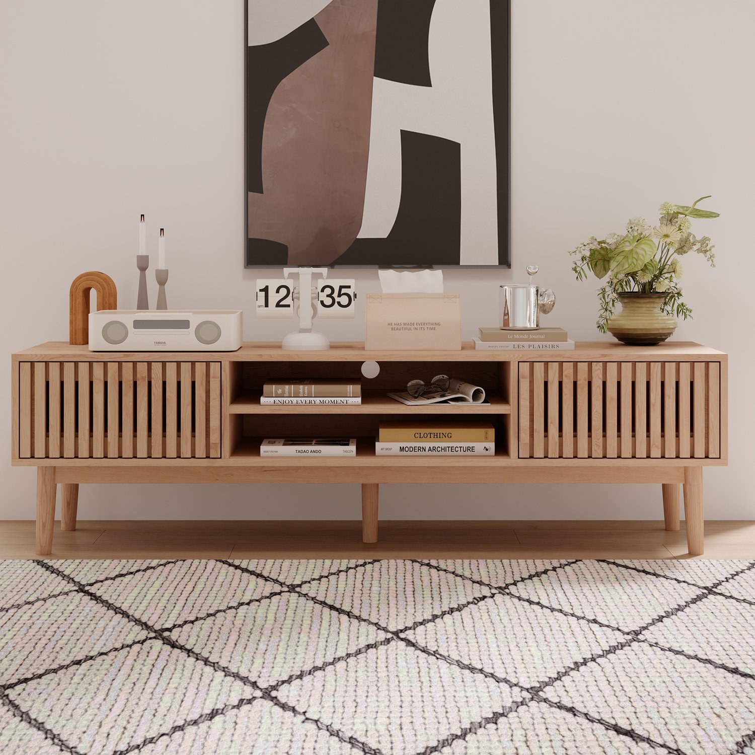 Solvenrik TV-Meubel 150 cm in Naturel Houtkleur – Houten TV-Kast met 2 Open Vakken, Hekwerkdeur en Ronde Massief Houten Poten Natuurlijke