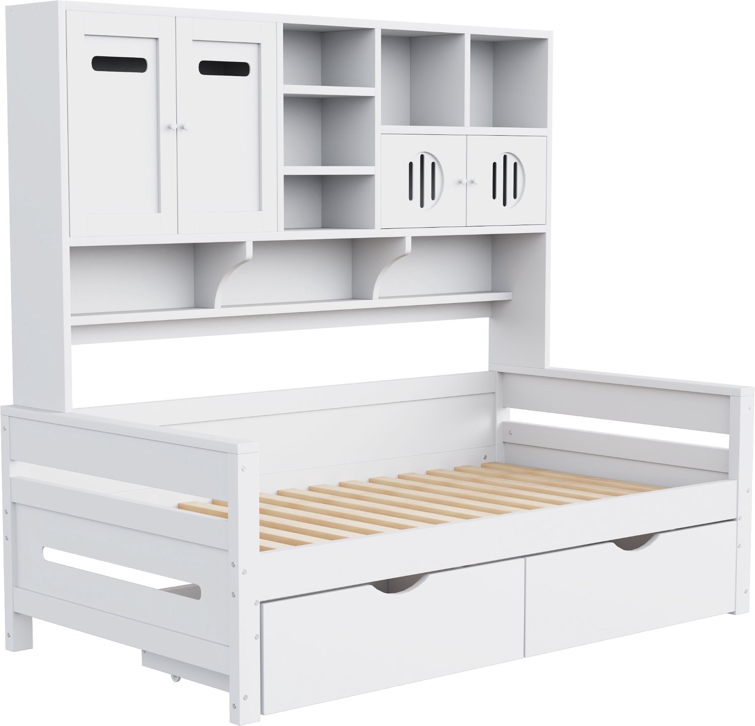 MUVANO Bedbank 90 x 200 cm - eenpersoonsbed met opbergruimte, twee laden en lattenbodem - grenenhout - voor kleine ruimtes, wit, met wandplaatsing