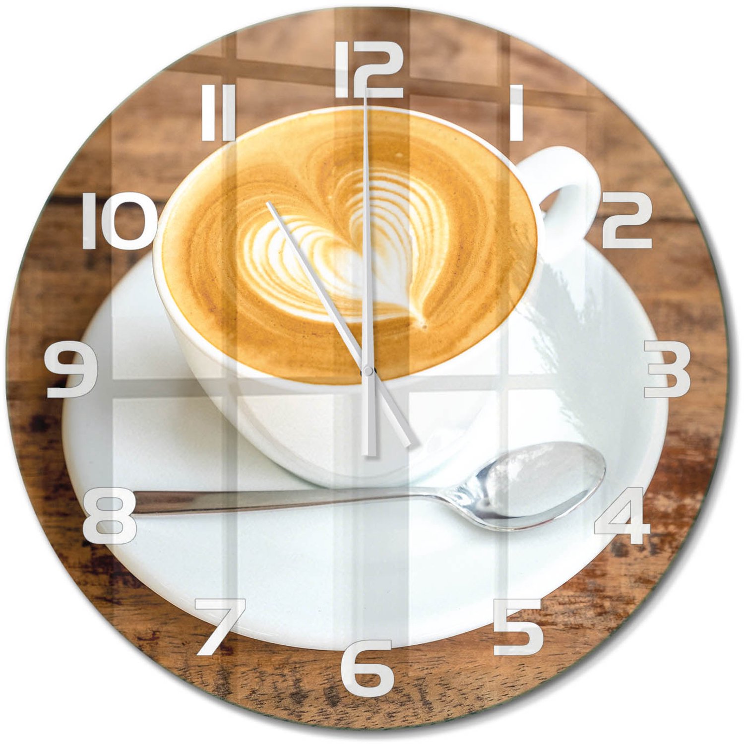 TULUP Wandklok - Koffie in een kopje Wandklok Glas Met Motief - fi60 cm - Bruin Decoratieve Glazen Klok - Witte handen - Ronde Klok - Gekleurde Glazen Klok - Glazen Klok Met Print