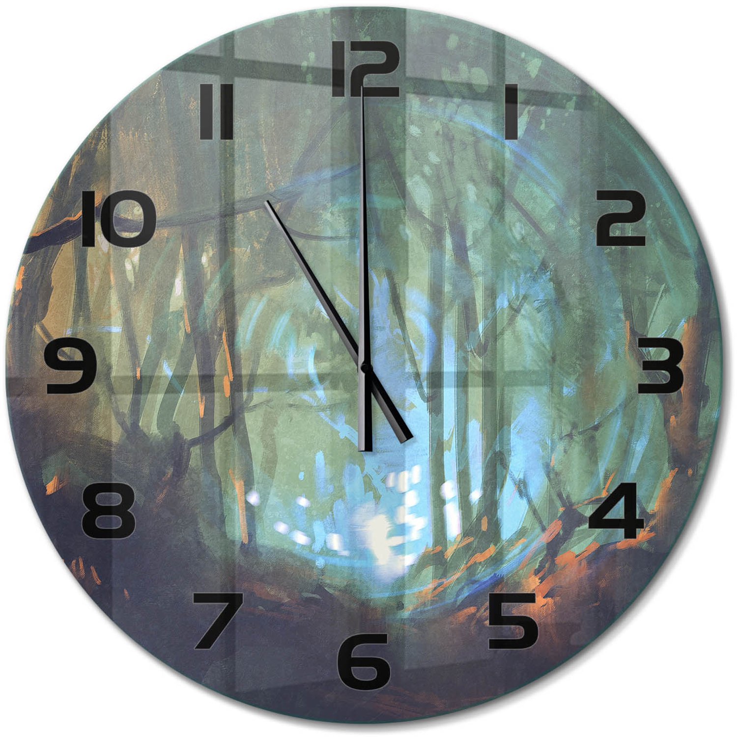 TULUP Wandklok - Mystiek bos Gekleurde Glazen Klok - fi60 cm - Blauw Glazen Klok Met Print - Zwarte handen - Ronde Klok - Moderne Wandklok Glas - Wandklok Glas Decoratie